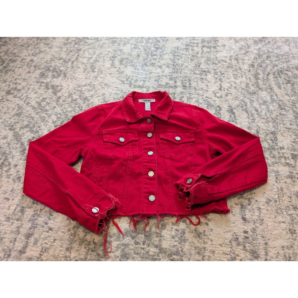 Refuge Red Cropped Denim Jacket Distressed Raw Hem Button Front Women's Medium